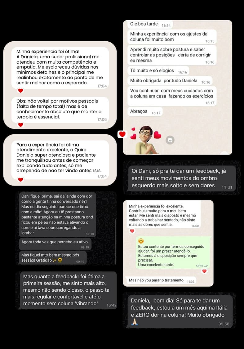 Montagem de mensagens de WhatsApp de pacientes elogiando o atendimento e relatando alívio de dor depois das sessões